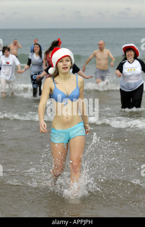 Les nageurs lors de l'assemblée 'froide' de balancier plongent dans la mer du Nord au large de Aberdeen, Écosse, Royaume-Uni, le Lendemain de Noël 26 Décembre Banque D'Images