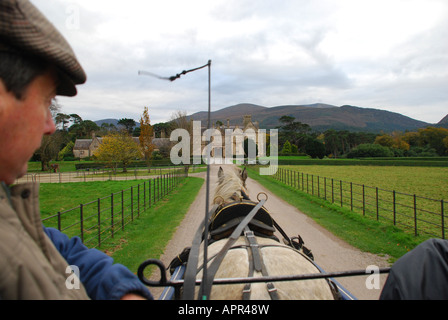 Un chauffeur guide son voiture jaunting de Muckross House, situé au bord du Parc National de Killarney, près de Kenmare, dans l'Irlande. Banque D'Images