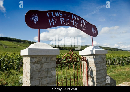 Clos de la roche et de la passerelle d'entrée vignoble signe, Bourgogne, France Banque D'Images