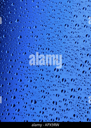 Gouttes d'eau sur un fond bleu Banque D'Images