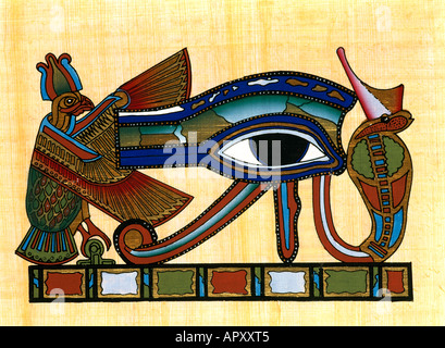 Égypte - Papyrus Yeux oudjat (wadjeti) Oeil d'Horus amulette de protection et Nekhbet Déesse Serpent Ouadjet Banque D'Images