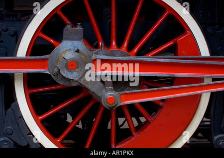 Gros plan d'une roue peinte en rouge sur une locomotive à vapeur exposée au Musée national des chemins de fer de York. ROYAUME-UNI Banque D'Images