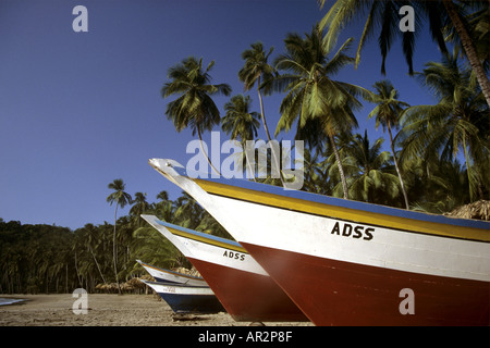 Bateaux de pêche colorés sur la plage de Playa Medina près de Rio Caribe, Péninsule de Paria, à l'Est des côtes du Venezuela, l'Amérique du Sud. Banque D'Images