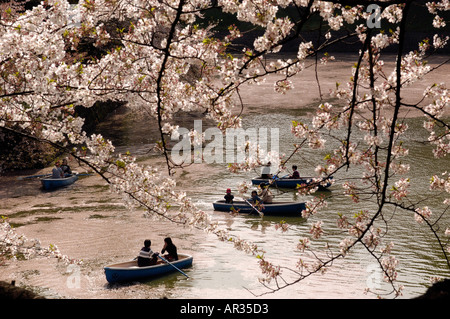 People enjoy boating on the Imperial Palace Moat during cherry blossom season in Tokyo Japan Banque D'Images