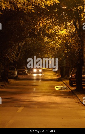 Voiture roulant le long d'une rue de banlieue dans la nuit Banque D'Images