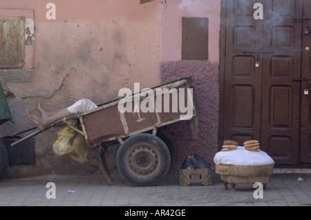 Magasin avec des fruits secs et des noix, l'homme dormir dans une brouette, souks de Marrakech, Maroc Banque D'Images