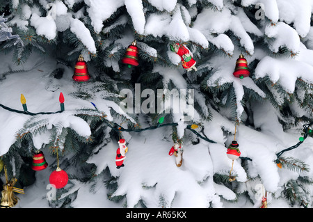 Ornements de Noël remise sur la neige couverts à l'extérieur de l'arbre de l'épinette Banque D'Images