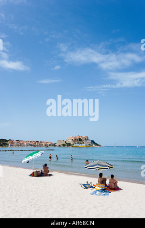 Plage avec la ville et citadelle de la distance, Calvi, La Balagne, Corse, France Banque D'Images