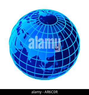 Globe bleu avec grille sur un fond blanc. Banque D'Images