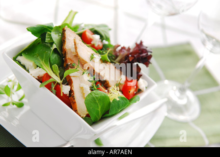 Salade fraîche de poulet grillé aux herbes et tomates Banque D'Images