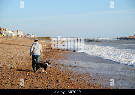 Homme avec un chien sur la plage, Brighton et Hove, East Sussex, temps de loisirs Banque D'Images