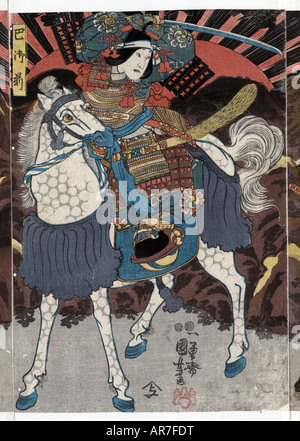 Panneau 2 de 3 trois acteurs dans les rôles de wadai yoshimori, tomoe gozen, et yamabuki, utagawa kuniyoshi,., 1798-1861, l'artiste, [entre 1848 et 1854] Banque D'Images