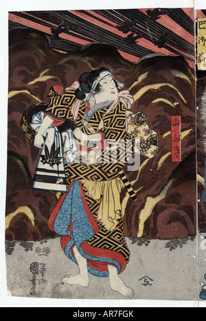 Panneau 1 de 3 trois acteurs dans les rôles de wadai yoshimori, tomoe gozen, et yamabuki, utagawa kuniyoshi,., 1798-1861, l'artiste, [entre 1848 et 1854] Banque D'Images