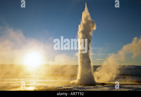 Strokkur geyser, dans la zone géothermique de Haukadalur en éruption, crachant de l'eau et ses 21 mètres dans l'air, au cours d'un lever du soleil d'hiver dans la région de Geysir, Islande Banque D'Images