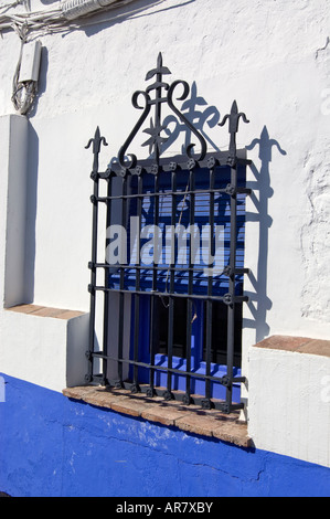 Fenêtre avec des barres de métal ouvragé,Inn 'Venta del Quichotte', Puerto Lapice, La Mancha, Espagne Banque D'Images