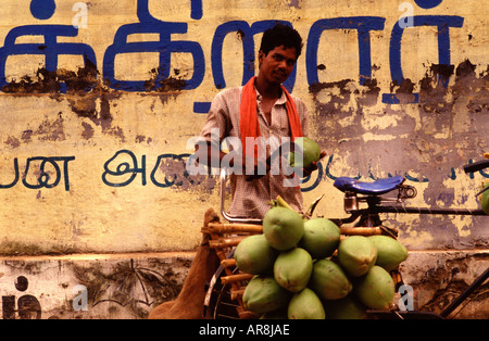 Un Indien coupe une noix de coco verte avec un hachoir pour le jus d'eau de coco dans le Tamil Nadu Sud de l'Inde Banque D'Images