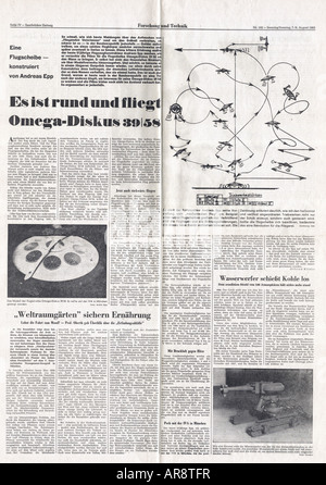 EPP, Joseph Andreas, 1914 - 1997, inventeur allemand, rapport de presse sur sa soucoupe volante 'Omega Diskus 39/58', Saarbrbrücker Zeitung, n° 182, 7.8.1965 / 8.8.1965, Banque D'Images