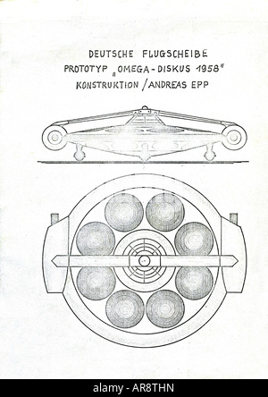 EPP, Joseph Andreas, 1914 - 1997, inventeur allemand, profil et topview de sa soucoupe volante 'Omega Diskus 39/58', prototype, illustration, 1960, Banque D'Images