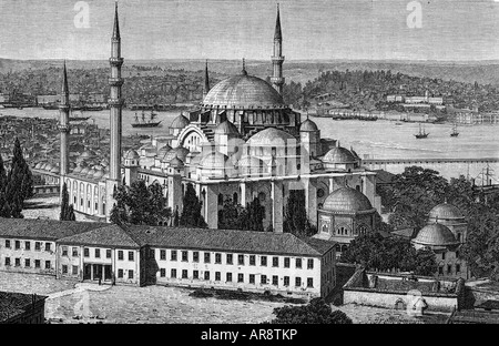 Géographie/voyage, Turquie, Istanbul, Mosquée Suleymaniye, vue extérieure, gravure en bois, XIXe siècle, Banque D'Images