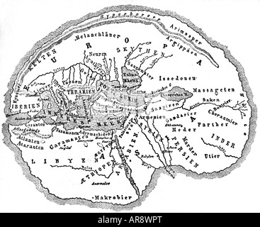 Cartographie, cartes du monde, carte après Herodotus de Halicarnassus, (vers 484 - 425 avant JC), reconstruction, XIXe siècle, vue sur le monde, monde ancien, Asie, Orient, Afrique du Nord, Grèce, mer Caspienne, Méditerranée, topographie, Europe, historique, monde ancien, Banque D'Images