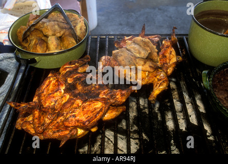 Vendeur alimentaire, le vendeur, la vente, le poulet grillé, griller le poulet, marché en plein-air, village, Tlacolula de Matamoros, Tlacolula, État de Oaxaca, Mexique Banque D'Images