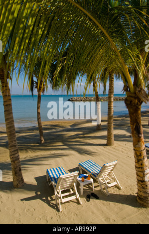 Mexique Nayarit La Cruz de Huanacaxtle oceanside chaises de plage et de palmiers donnant sur la baie de Banderas à Puerto Vallarta Banque D'Images