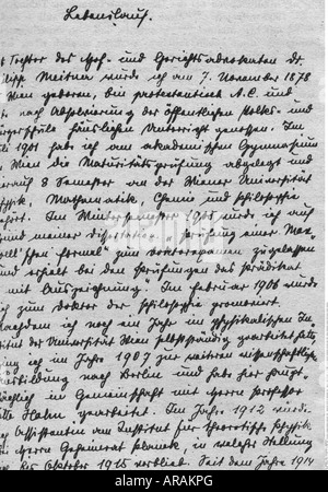 Meitner, Lise, 7.11.1878 - 27. 10.1968, physicien autrichien, curriculum vitae manuscrit, 1922, , Banque D'Images