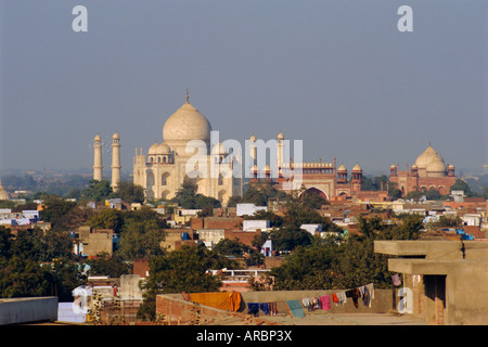 Taj Mahal sur les rives de la rivière Yamuna, construit par Shah Jahan pour son épouse, Agra, Inde Banque D'Images