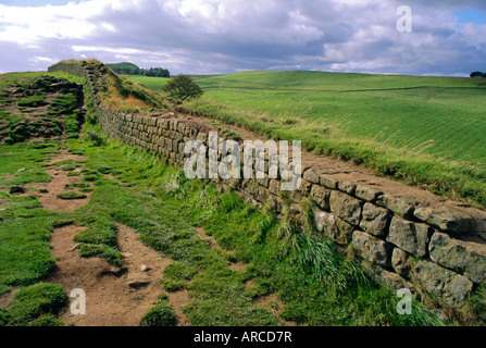 Mur d'Hadrien, datant de l'époque romaine, à l'égard Crag Lough, Northumbria (Northumberland), Angleterre, Royaume-Uni, Europe Banque D'Images