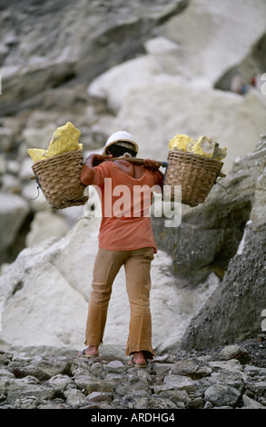 Les hommes qui travaillent à l'intérieur du volcan Kawah Ijen de vivre dans l'Est de Java en Indonésie le soufre de l'exploitation minière Banque D'Images