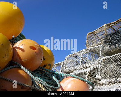 Des cages de homard et crabe, filets et flotte Banque D'Images