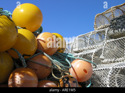 Des cages de homard et crabe, filets et flotte Banque D'Images