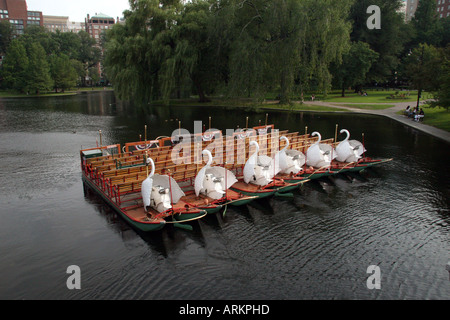 Swan boats dans Boston Public Garden attaché pour la nuit. Banque D'Images