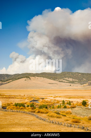 Virginia Stanley un feu brûle derrière contreforts près de droits photo à l'automne dans la zone de Sawtooth National Recreation Banque D'Images