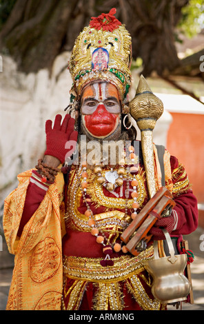 Un soi-disant saint homme habillé comme Hanuman, le dieu singe hindou, posant pour des photographies, Durbar Square, Katmandou, Népal, Asie Banque D'Images