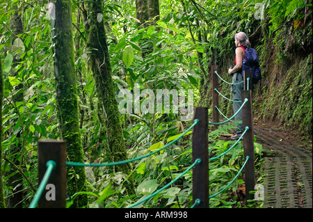 Un visiteur sur la piste de ponts suspendus d'Arenal Arenal Costa Rica Banque D'Images