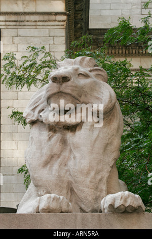 Sculpture de lion de marbre à l'entrée de la New York public Library, Manhattan, New York. Banque D'Images