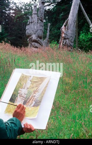 Haida Gwaii,abondoned site village haïda, Nad Sdins (Ninstints) Village, SGaang Gwaii artsist peintures, British Columbia, Canada. Banque D'Images