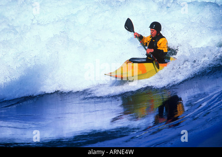 Les Sechelt près d'Egmont, whitewater kayaker tidal wave, unique en Colombie-Britannique, Canada. Banque D'Images