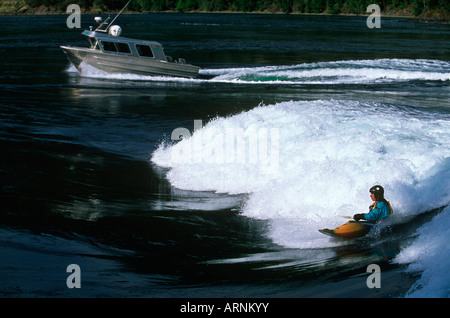 Des promenades en kayak d'eau vive vague unique, Sechelt près d'Egmont (Colombie-Britannique), Canada. Banque D'Images