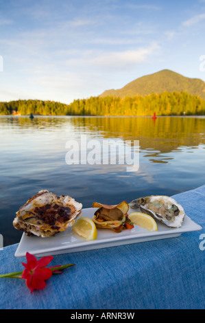 Plaque d'huître gastronomique affichée à bord de Tofino, Vancouver Island, British Columbia, Canada. Banque D'Images