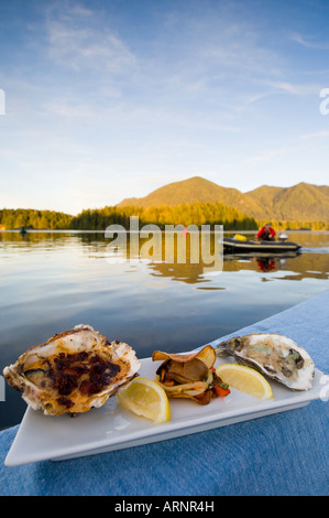 Plaque d'huître gastronomique affichée à bord de Tofino, Vancouver Island, British Columbia, Canada. Banque D'Images