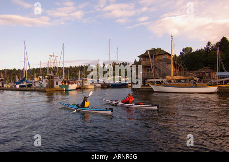 Kayakers paddle en avant du village, Cowichan Bay, île de Vancouver, Colombie-Britannique, Canada. Banque D'Images