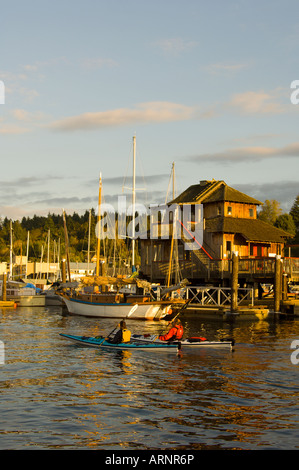 Kayakers paddle en avant du village, Cowichan Bay, île de Vancouver, Colombie-Britannique, Canada. Banque D'Images