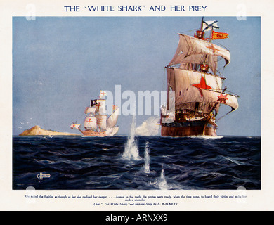 Le requin blanc et sa proie 1920 garçons comic book illustration d'un bateau de pirate sur l'attaque Banque D'Images