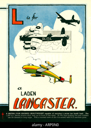 L Est pour 1943 enfants de guerre anglais Lancaster Alphabet book d'avions bombardiers lourds britanniques Banque D'Images