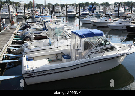 Ligne de petit moteur hors-bord des bateaux de pêche à quai à la côte du New Jersey. De nombreux autres bateaux amarrés dans la marina derrière. Banque D'Images