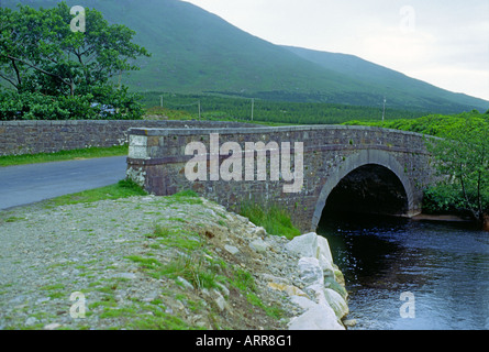 Arche unique pont en pierre et la route sur la rivière de montagne en Delphi le Connemara County Mayo Irlande Banque D'Images