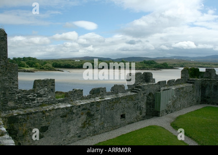 Les créneaux et merlons, les parapets de Doe Castle, Creeslough, Donegal, Irlande Banque D'Images