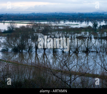 La rivière Parrett serpente à travers champs inondés près de Langport, Somerset Banque D'Images